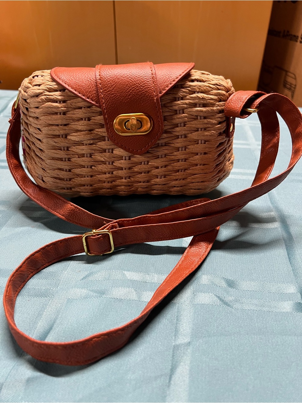 Woven Crossbody Bag with Rust Pleather Trim